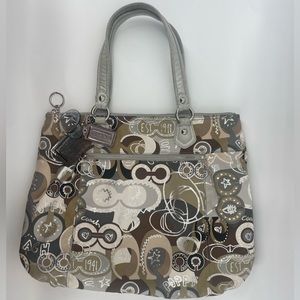 Coach Poppy Signature Graffiti Glam Tote Purse in Silver Cream Tan Brown